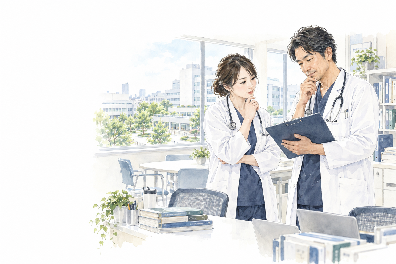 勤務予定と条件の書面を見ながら相談する２人の医師のイラスト