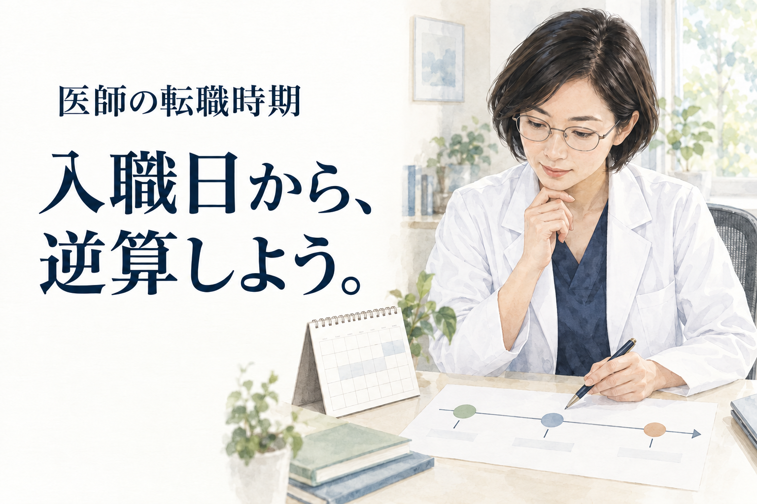 医師 転職 時期。希望入職日がある勤務医に向けて、募集条件、選考、現職の手続、研修と生活の予定をそろえる逆算表を示します。
