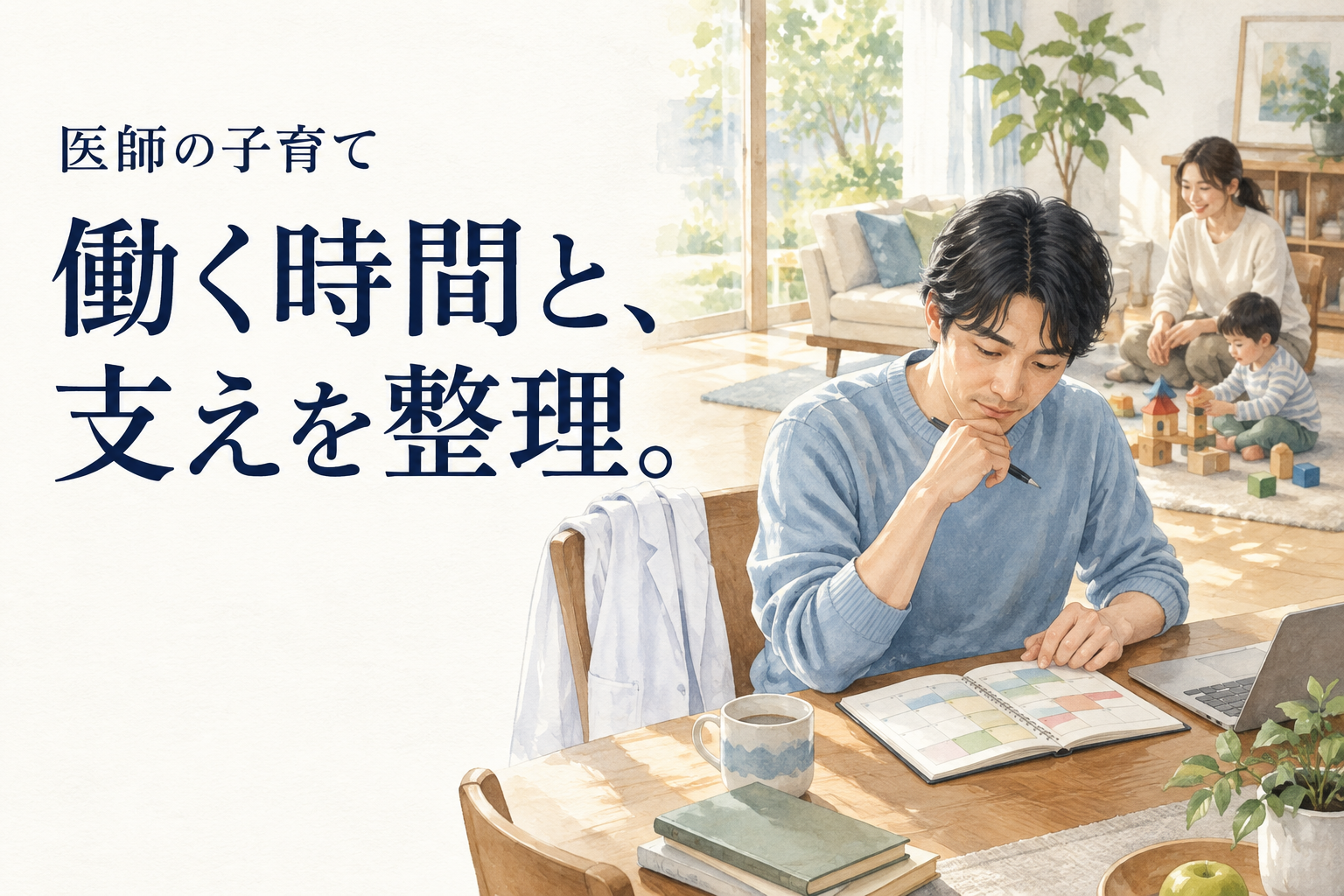 医師 子育て。育児をしながら勤務を続ける医師が、送迎と終業時刻、休暇の制度、保育と急な欠勤時の分担を勤務先へ相談するための確認票です。